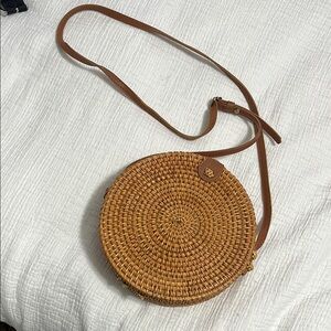 Round Woven Tan Crossbody Bag